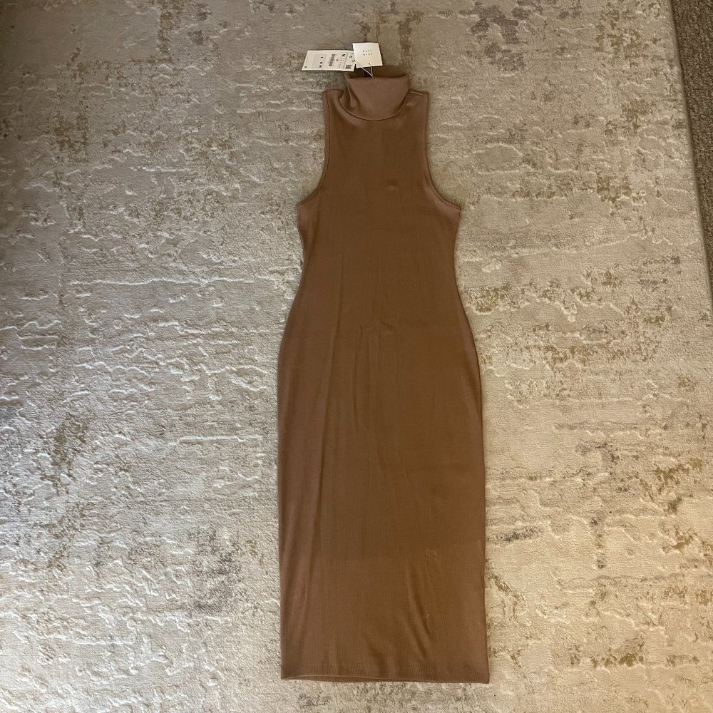 Bodycon Ribbed Turtleneck, Sleeveless Dress Midi
